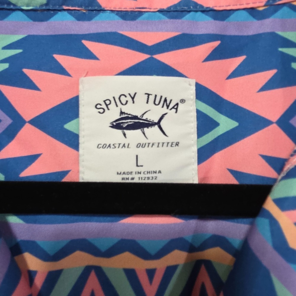 Spicy Tuna Mens Button Front Short Sleeve Aztec Pink Blue Green Shirt Large - Picture 3 of 6